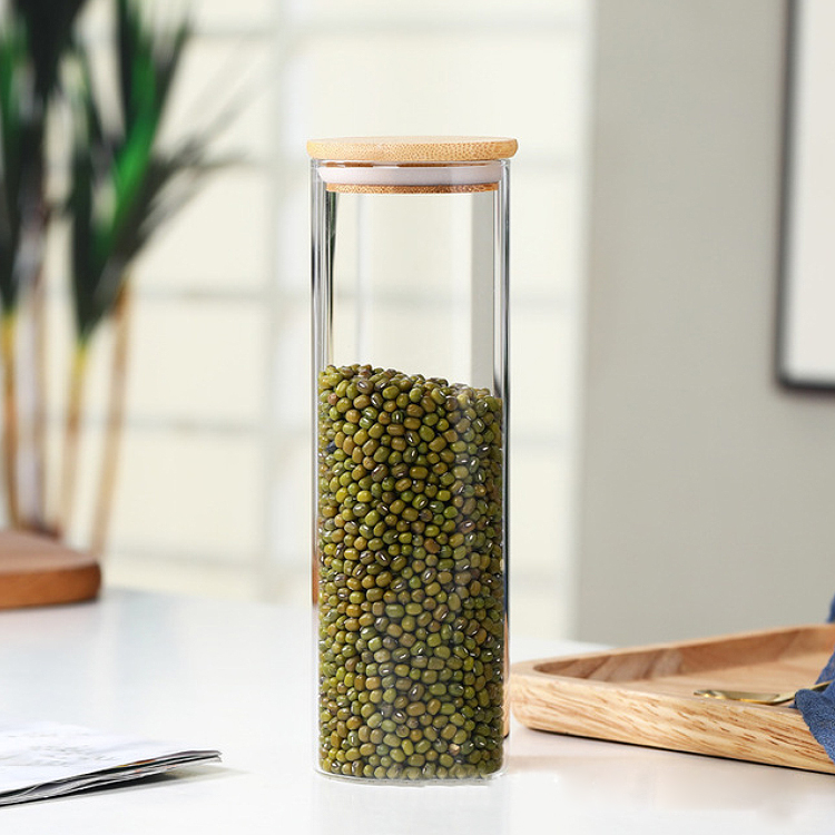 Custom Food Grade Storage Spice Airtight Cylinder Kitchen Tube Clear Borosilicate Glass Jar Bamboo Lid
