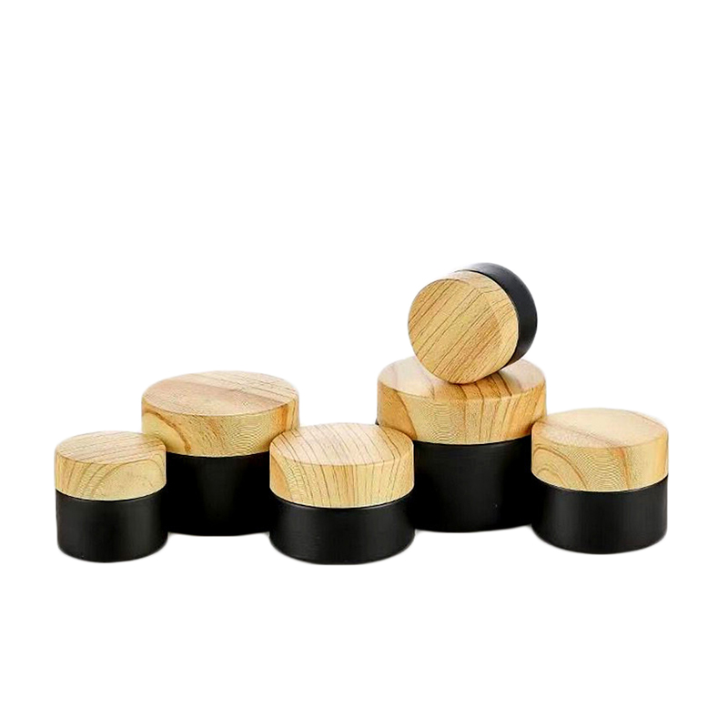 Custom Frosted Matte Black 20ml 30ml 50ml Lip Balm Glass jars Container Cosmetic Packaging with Wooden Lid