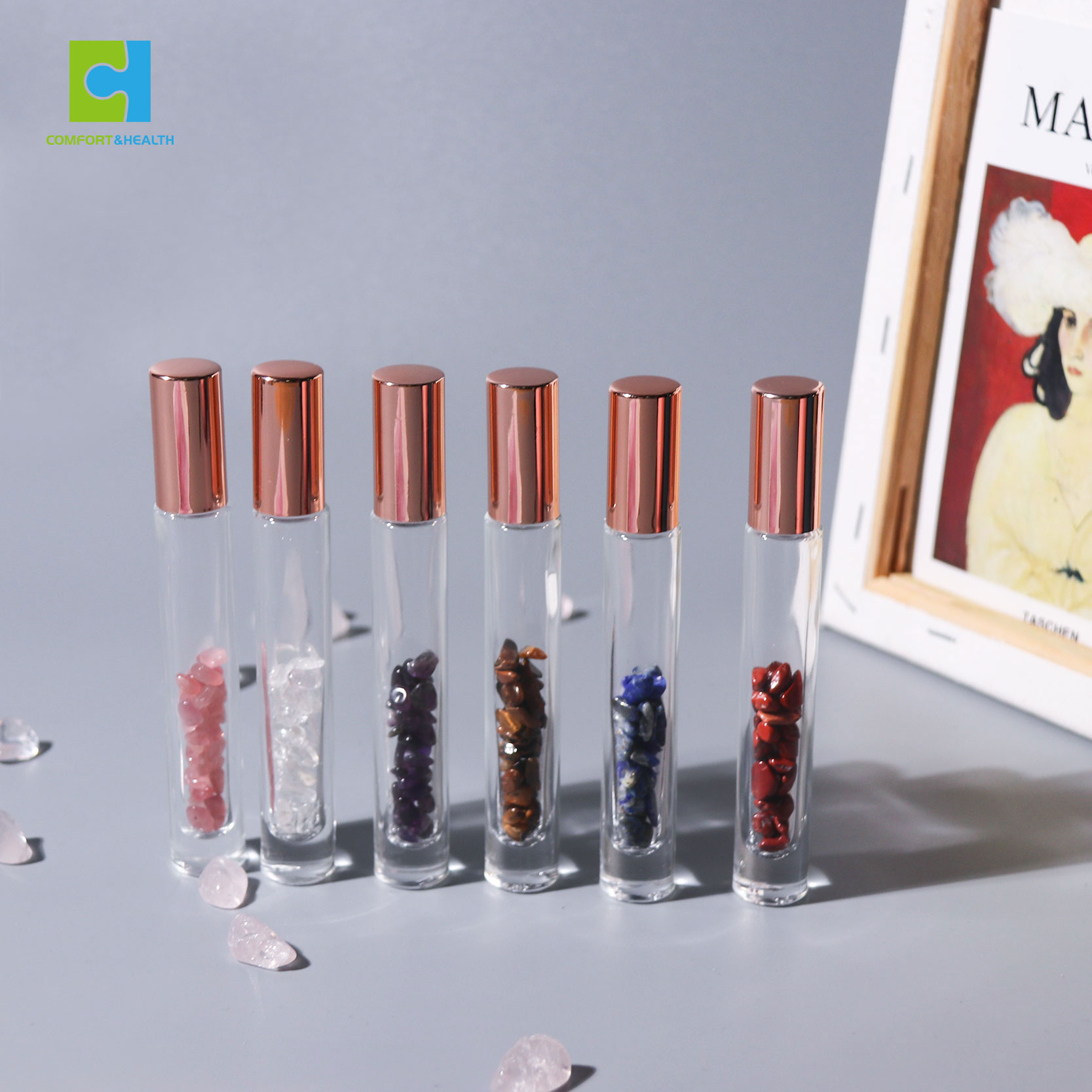 Custom Logo 10Ml 15Ml Healing Crystal Glass Roller Essential Oil Bottle