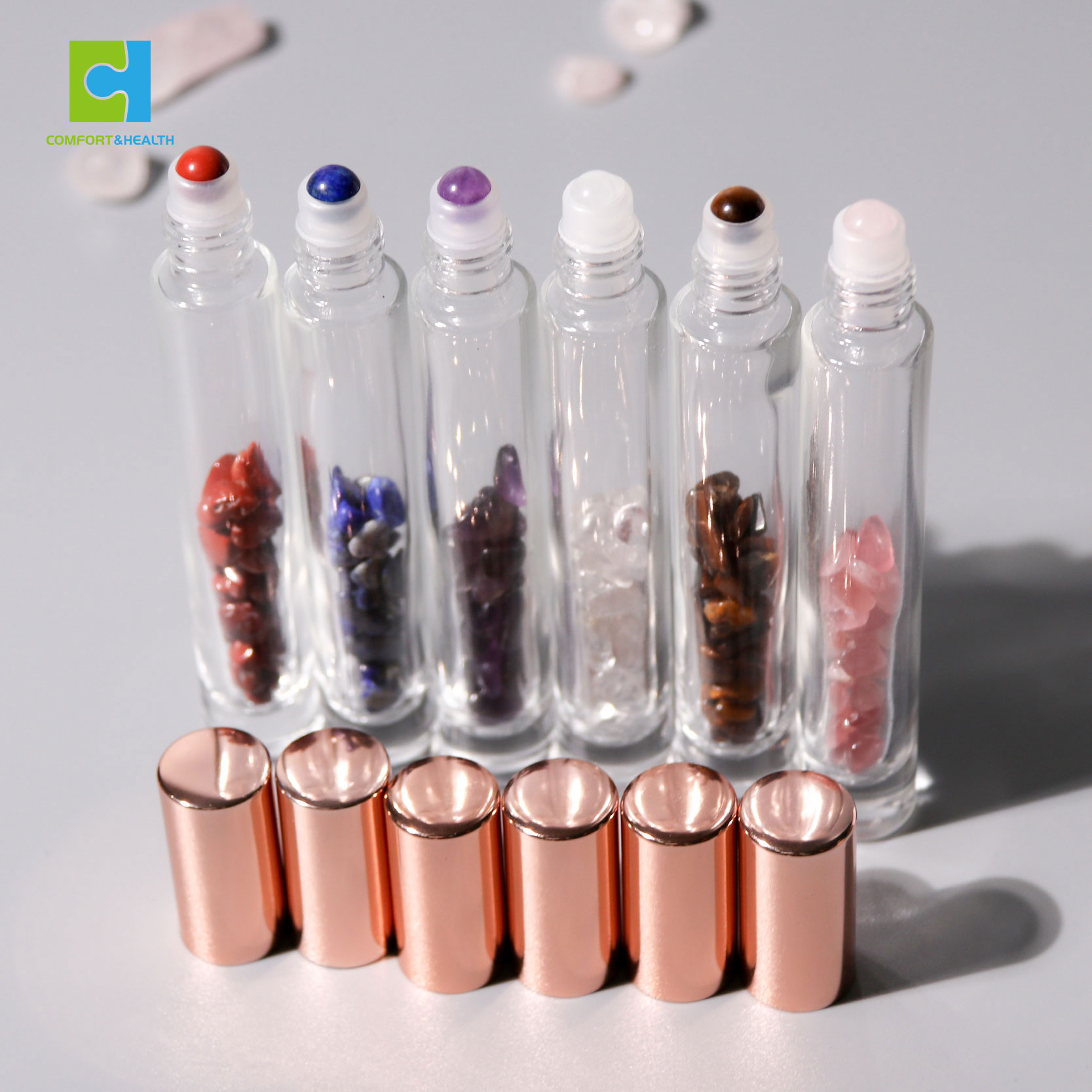 Custom Logo 5ml 10ml 15ml Glass Crystal Essential Oil Gemstone Roller Bottle