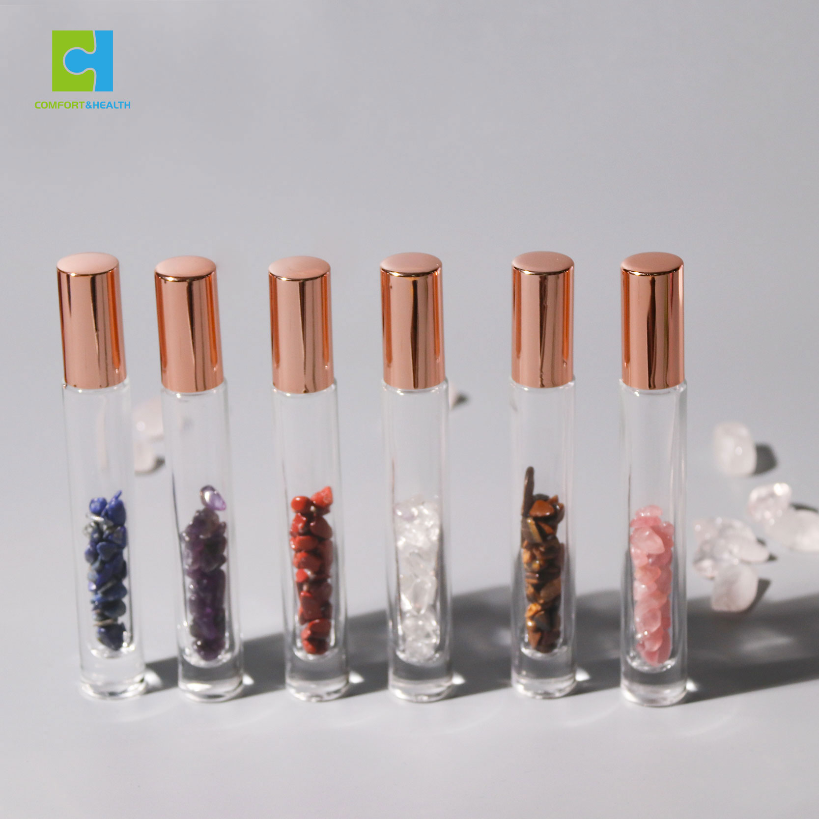 Custom Logo 5ml 10ml 15ml Rose Gold Lid Glass Roll-on Gemstone Essential Oil Roller Bottles