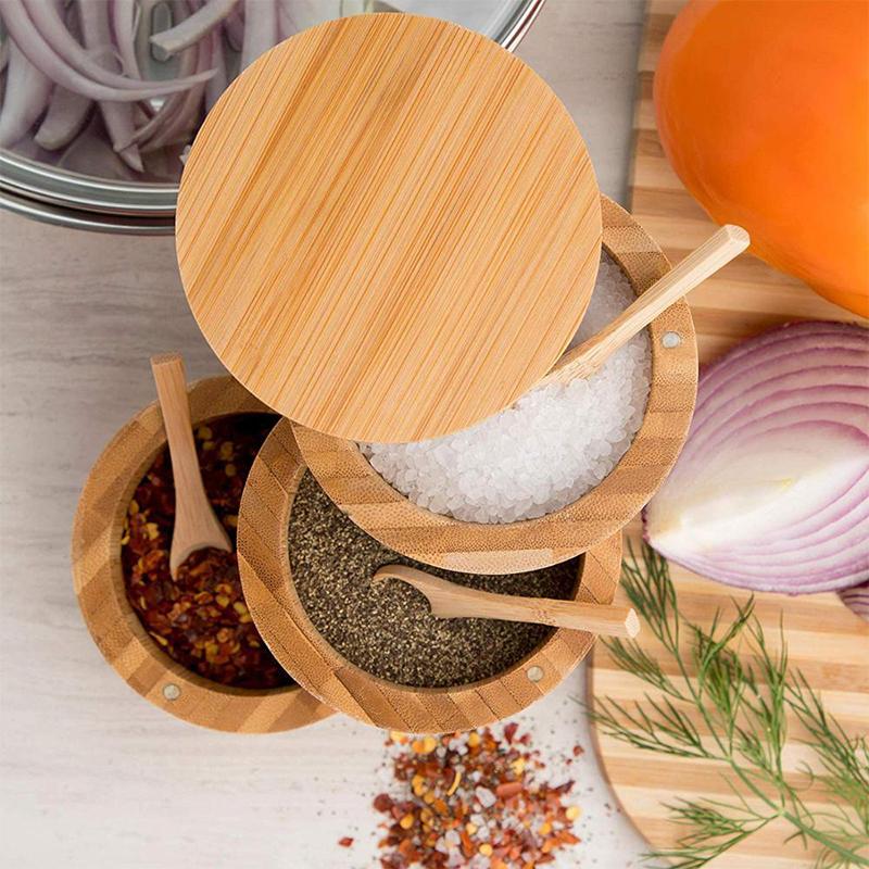 Custom Logo Eco-Friendly 3- Layers Bamboo Salt Box Container With Magnetic Lid Storage for Spices,Herbs,Seasoning Jar