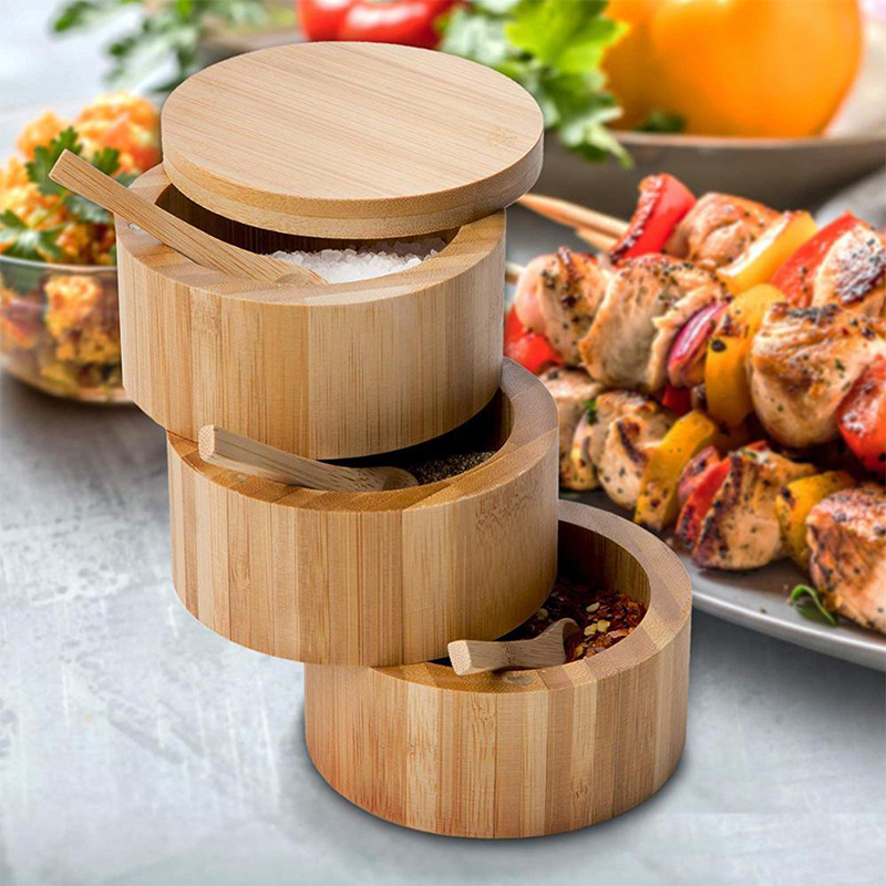 Custom Logo Eco-Friendly 3- Layers Bamboo Salt Box Container With Magnetic Lid Storage for Spices,Herbs,Seasoning Jar