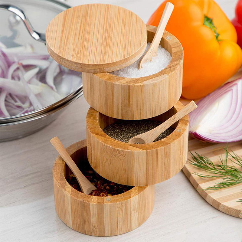 Custom Logo Eco-Friendly 3- Layers Bamboo Salt Box Container With Magnetic Lid Storage for Spices,Herbs,Seasoning Jar