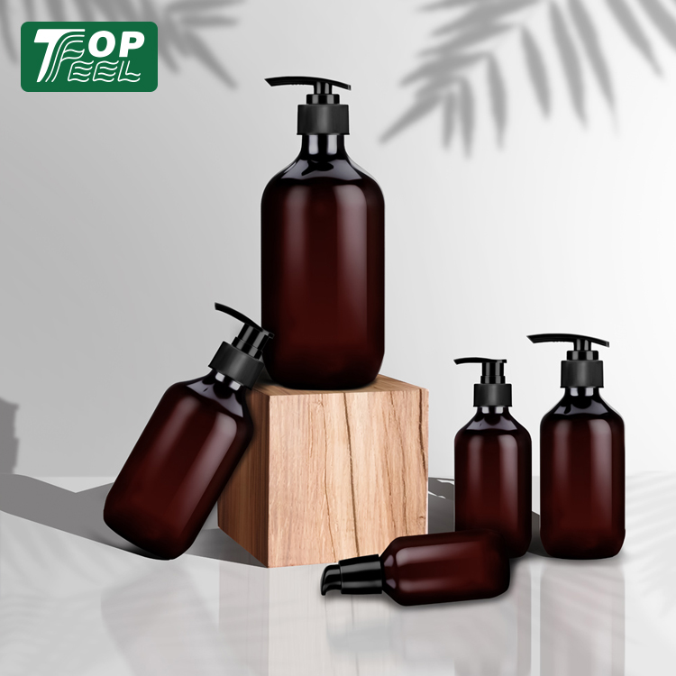 Custom Logo Empty 100ml 150ml 200ml 300ml 400ml 500ml Classy Round Amber Hotel Plastic Shampoo Bottle with Pump