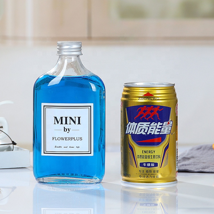 Custom Logo Empty Flat Round Mini Private Label Carbonated Tea Tequila Glass Beverage Bottle