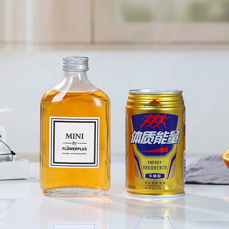 Custom Logo Empty Flat Round Mini Private Label Carbonated Tea Tequila Glass Beverage Bottle