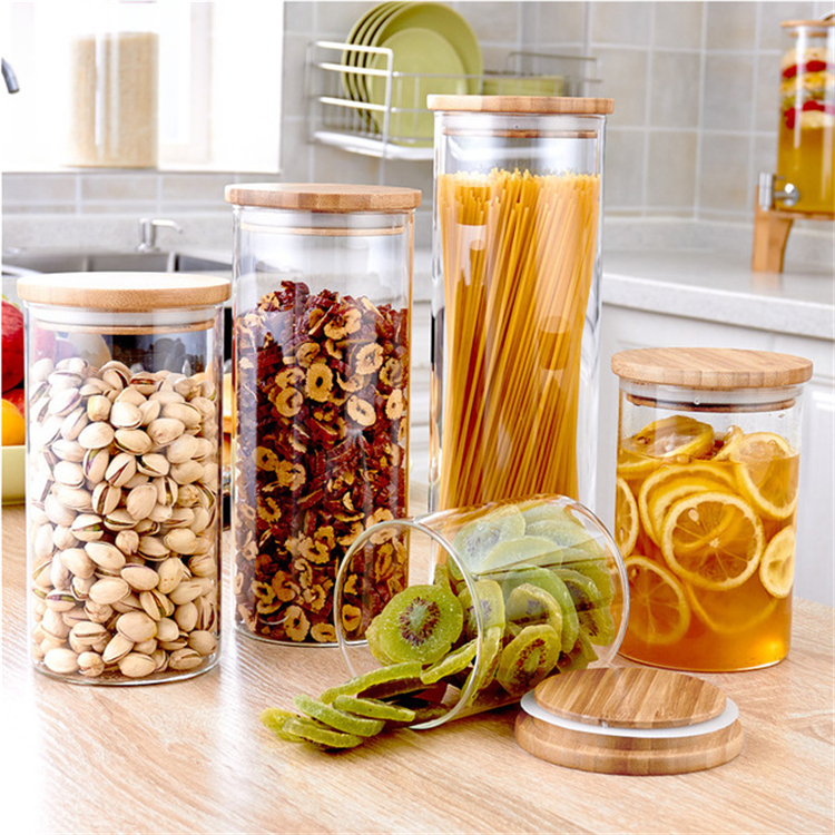 Custom Logo Kitchen Storage Rack Bamboo Storage Jars Glass Jars Storage