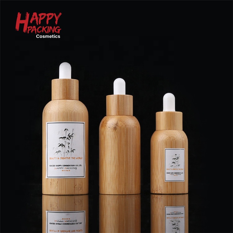 Custom Logo Natural Bamboo Housing Glass Essential Oil Bottles 30ml 50ml Dropper Bottle