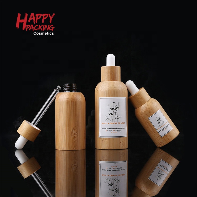 Custom Logo Natural Bamboo Housing Glass Essential Oil Bottles 30ml 50ml Dropper Bottle
