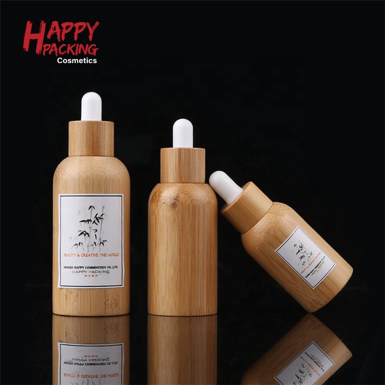 Custom Logo Natural Bamboo Housing Glass Essential Oil Bottles 30ml 50ml Dropper Bottle