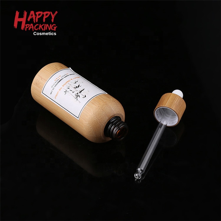 Custom Logo Natural Bamboo Housing Glass Essential Oil Bottles 30ml 50ml Dropper Bottle