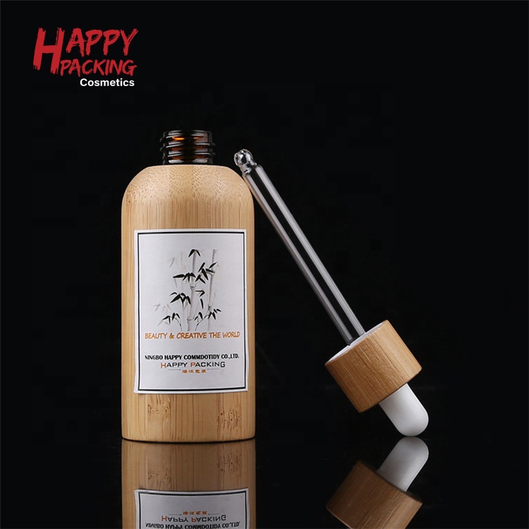 Custom Logo Natural Bamboo Housing Glass Essential Oil Bottles 30ml 50ml Dropper Bottle