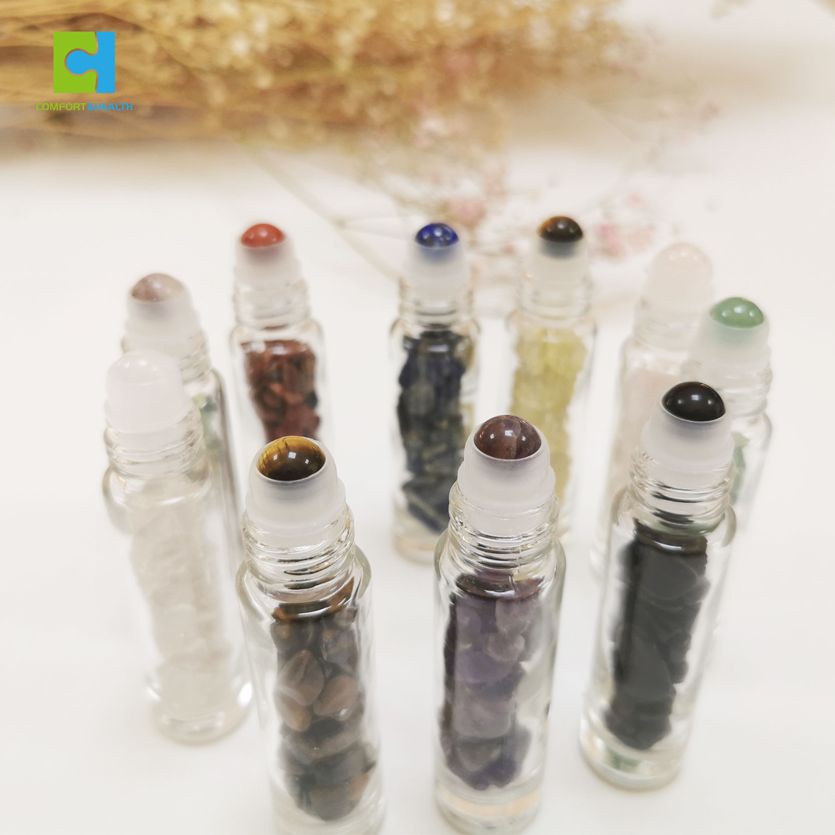 Custom Logo Perfume Colored Glass Essential Oil 10Ml 15ml Gemstone Crystal Roller Ball Bottle