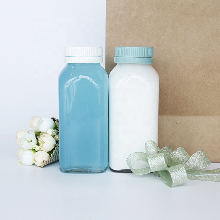 Custom Logo Printing 250ml Square Kombucha Juice Glass Milk Bottle Container With Plastic Cap