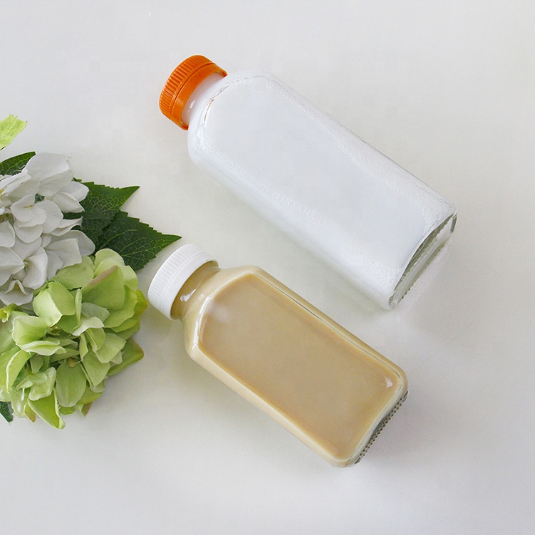 Custom Logo Printing 250ml Square Kombucha Juice Glass Milk Bottle Container With Plastic Cap