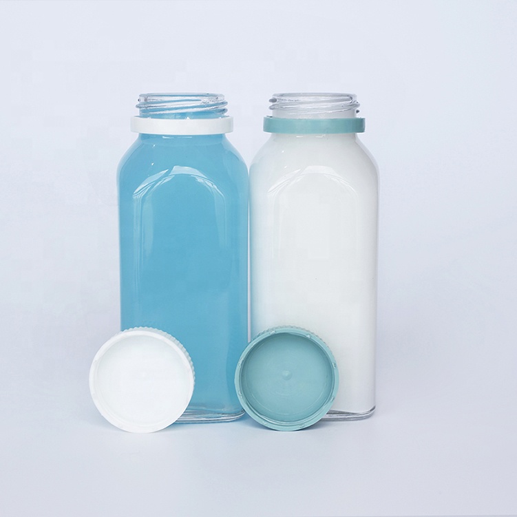 Custom Logo Printing 250ml Square Kombucha Juice Glass Milk Bottle Container With Plastic Cap