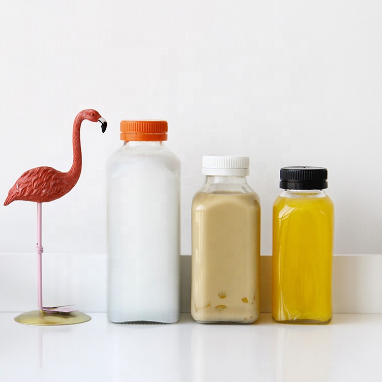 Custom Logo Printing 250ml Square Kombucha Juice Glass Milk Bottle Container With Plastic Cap
