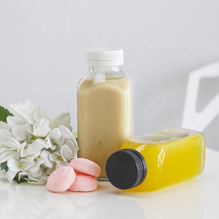 Custom Logo Printing 250ml Square Kombucha Juice Glass Milk Bottle Container With Plastic Cap
