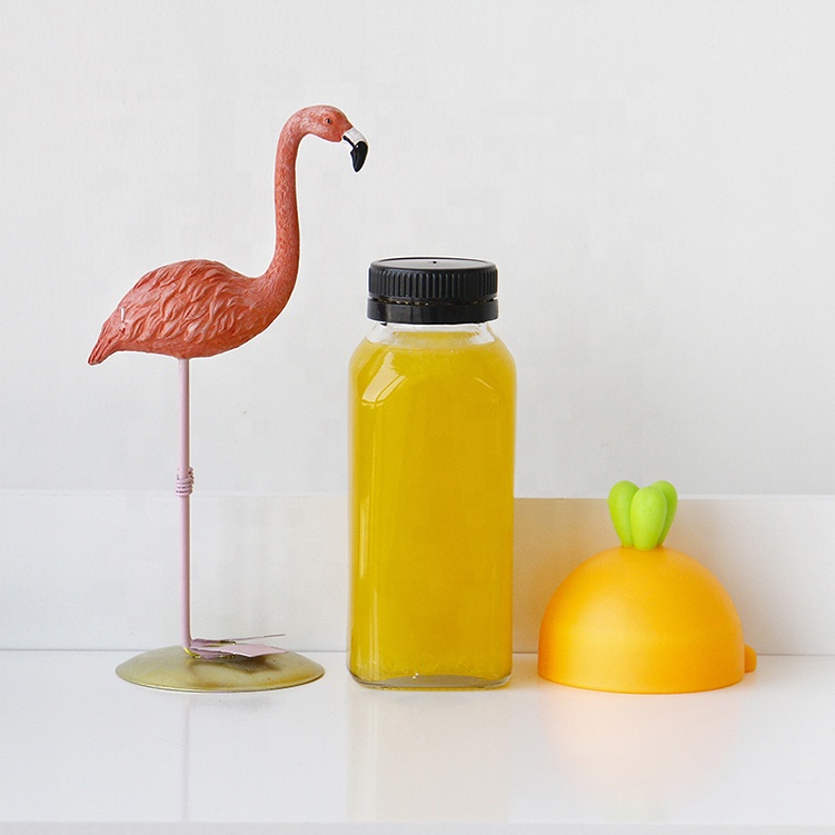 Custom Logo Printing 250ml Square Kombucha Juice Glass Milk Bottle Container With Plastic Cap