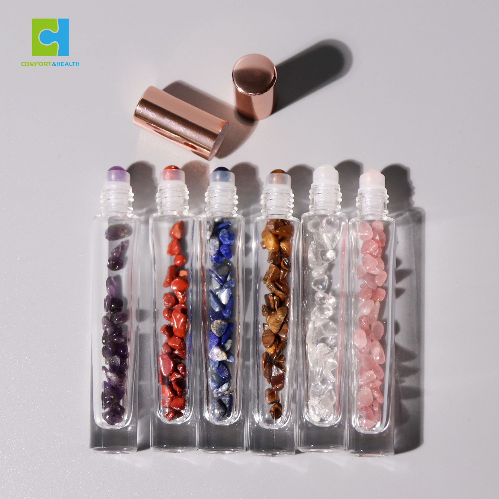 Custom Logo Rose Gold Lids 10ML 15ML Gemstone Crystal Glass Essential Oil Roller Bottle
