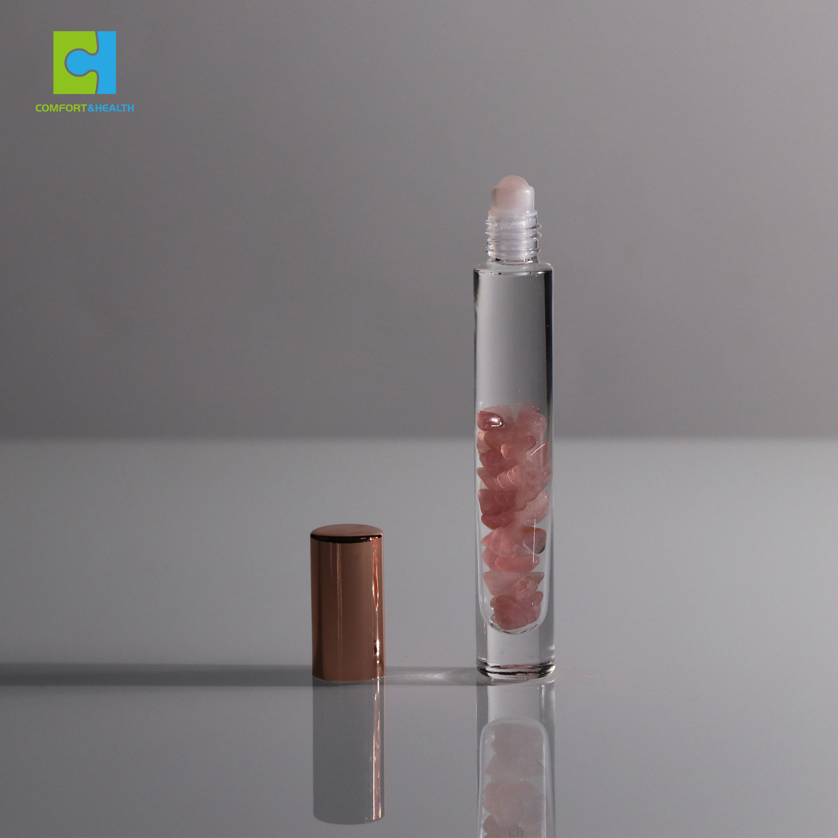 Custom Logo Rose Gold Lids 10ML 15ML Gemstone Crystal Glass Essential Oil Roller Bottle