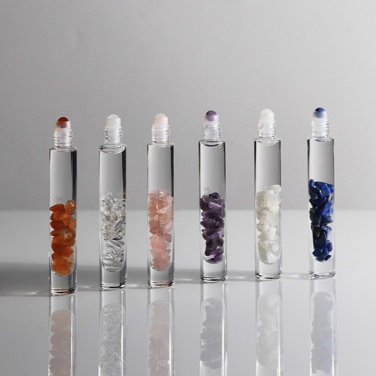 Custom Logo Rose Gold Lids 15ML 10ML Gemstone Crystal Glass Essential Oil Roller Bottle