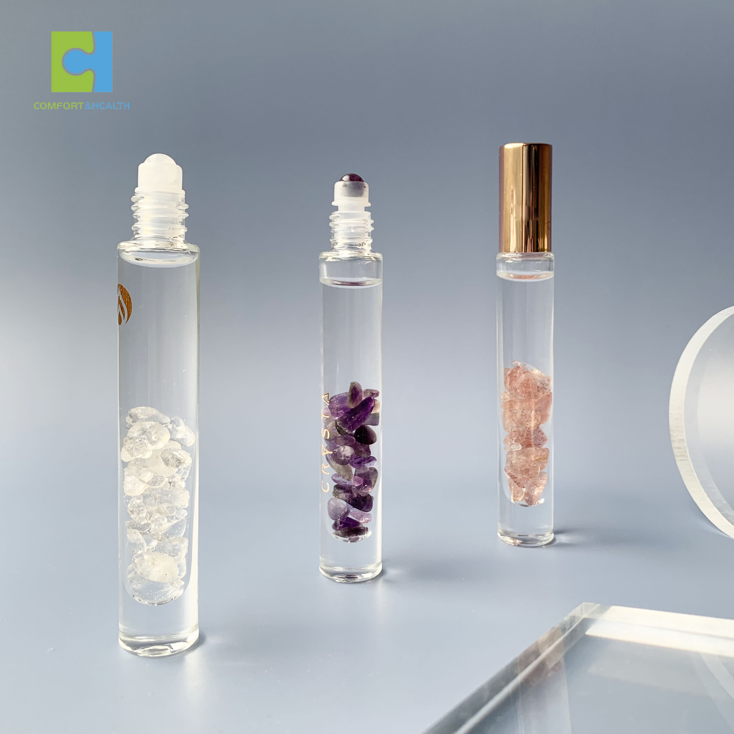 Custom Logo Rose Gold Lids 15ML 10ML Gemstone Crystal Glass Essential Oil Roller Bottle