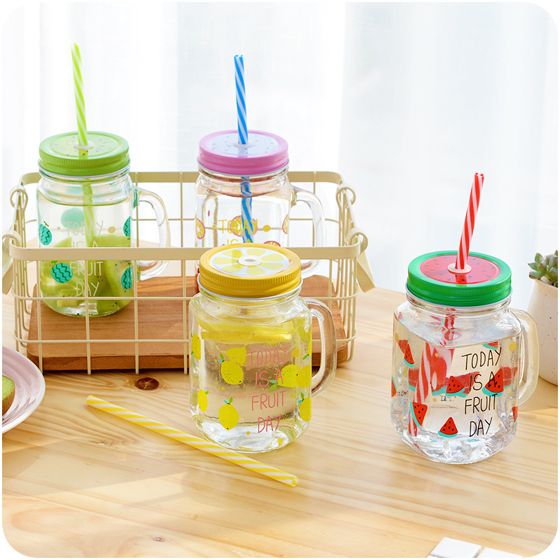 Custom Logo  glass manson jar with handle and lid