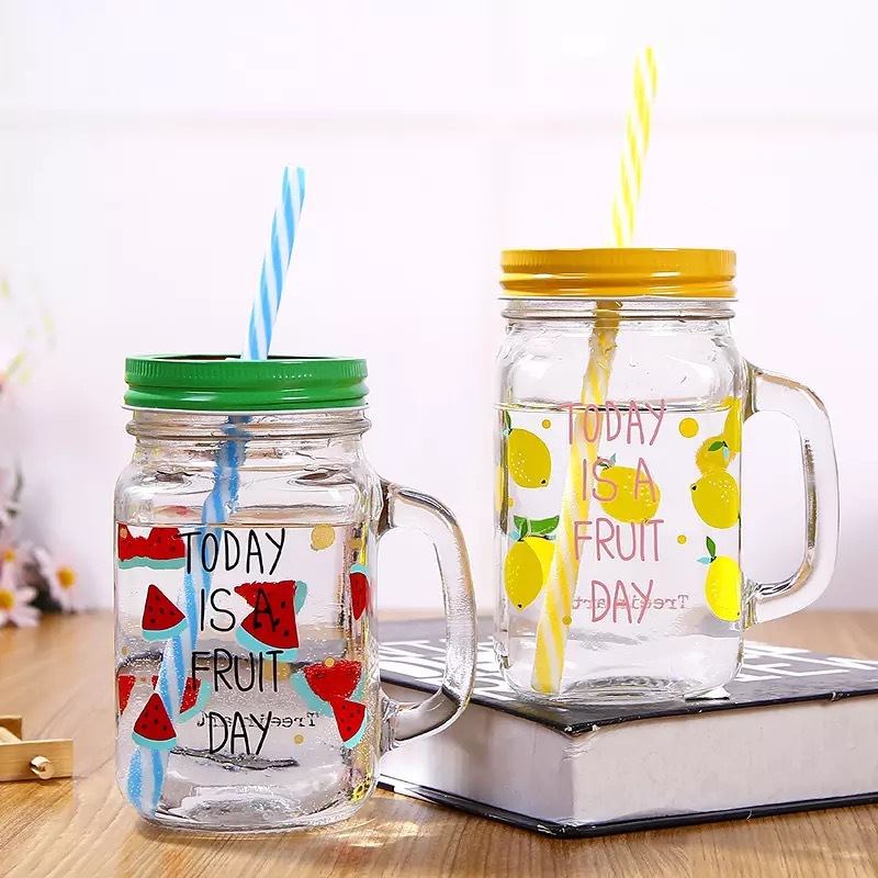 Custom Logo glass manson jar with handle and lid