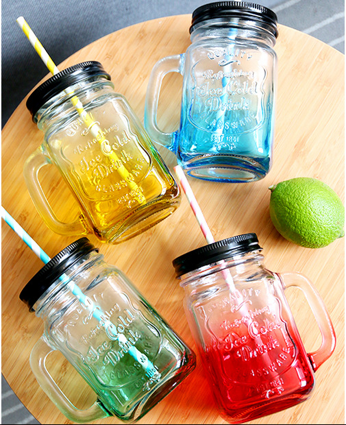 Custom Logo glass manson jar with handle and lid