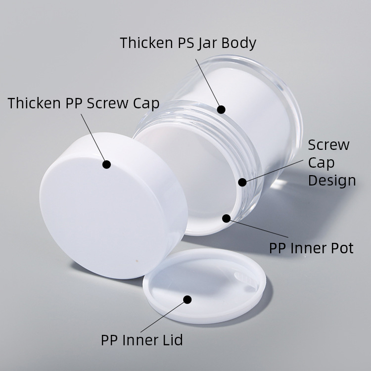 Custom Luxury 20g 30g 50g White Empty Round Plastic PS Double Wall Cosmetic Jar with Screw Cap