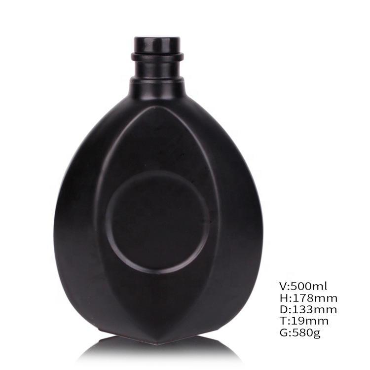 Custom Luxury 500ml empty flat matte black gin whiskey liquor glass bottle with stopper
