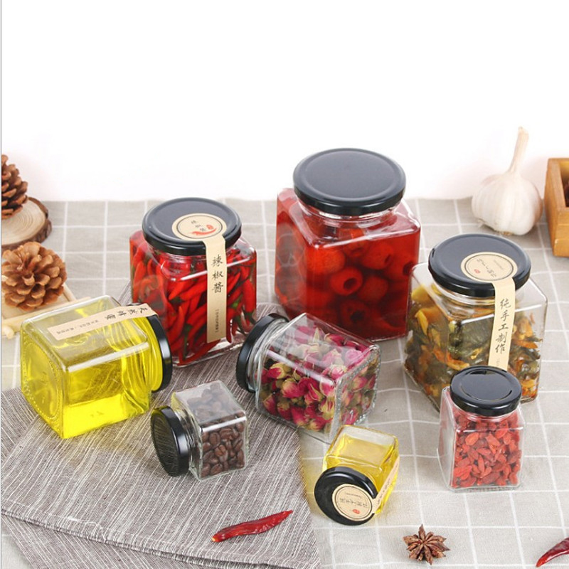 Custom Made Food Grade Empty Square Honey Jam Pickles Glass Jar With Screw Metal Lid