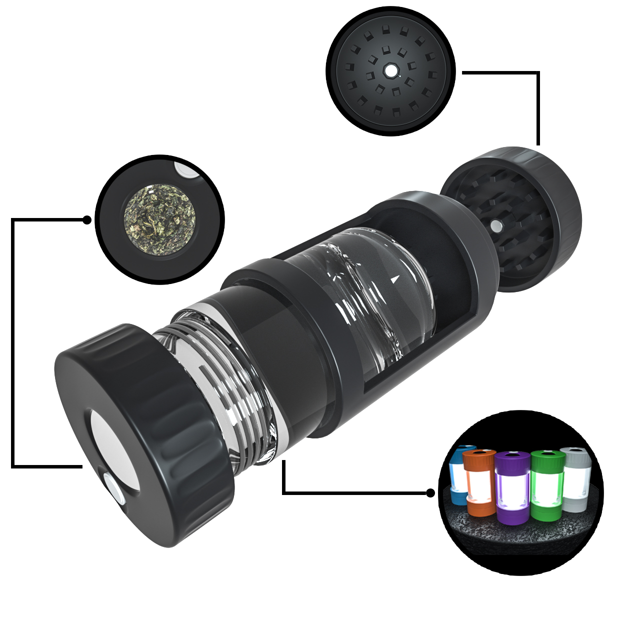 Custom Package and Logo Unique design 4X Air Tight LED Magnifying JAR Herb Stash Jar MAG Jar with Herb Grinder and Smoking Pipe