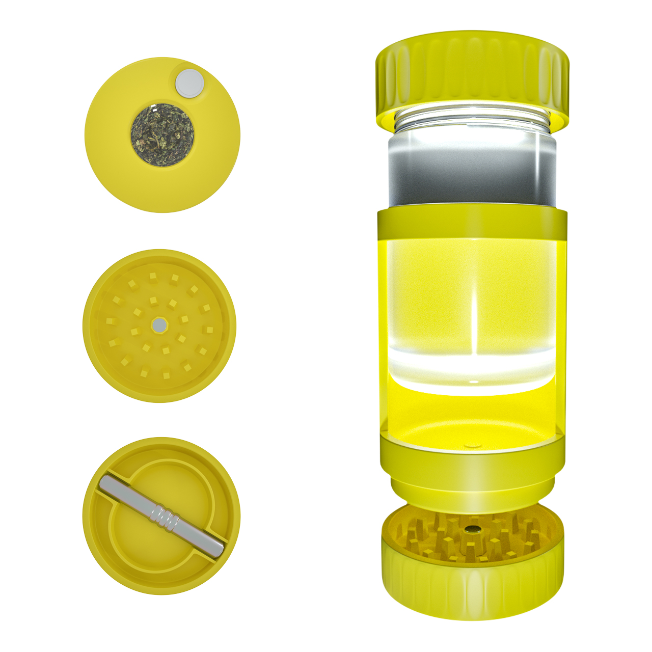 Custom Package and Logo Unique design 4X Air Tight LED Magnifying JAR Herb Stash Jar MAG Jar with Herb Grinder and Smoking Pipe