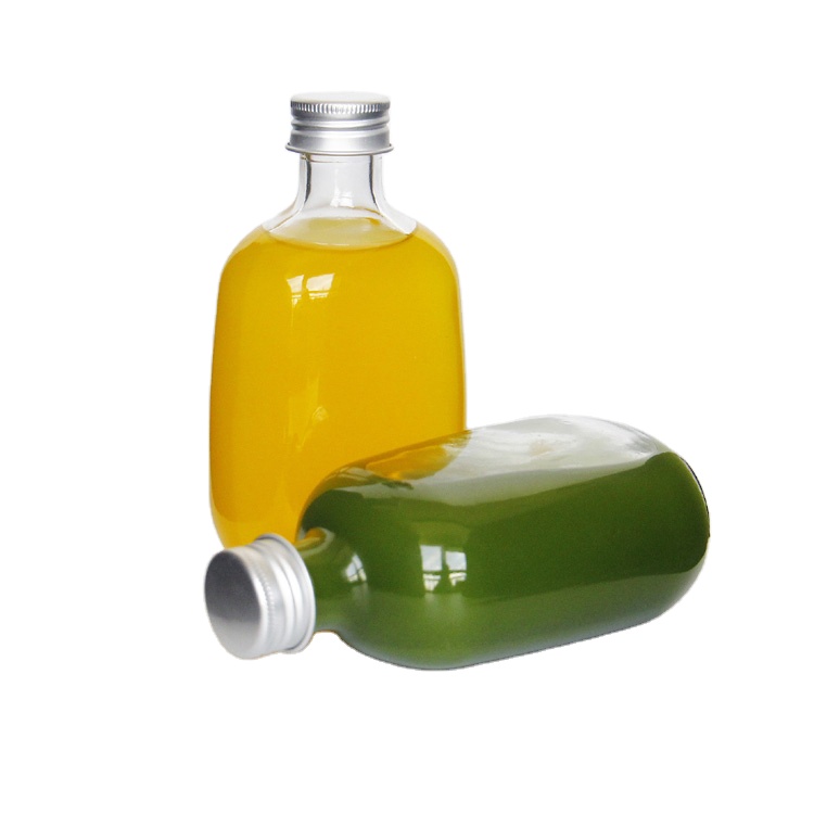 Custom Packing Juice Bottle Flat Shape 200mL Whiskey Vodka Liquor Glass Bottle with Screw Lid