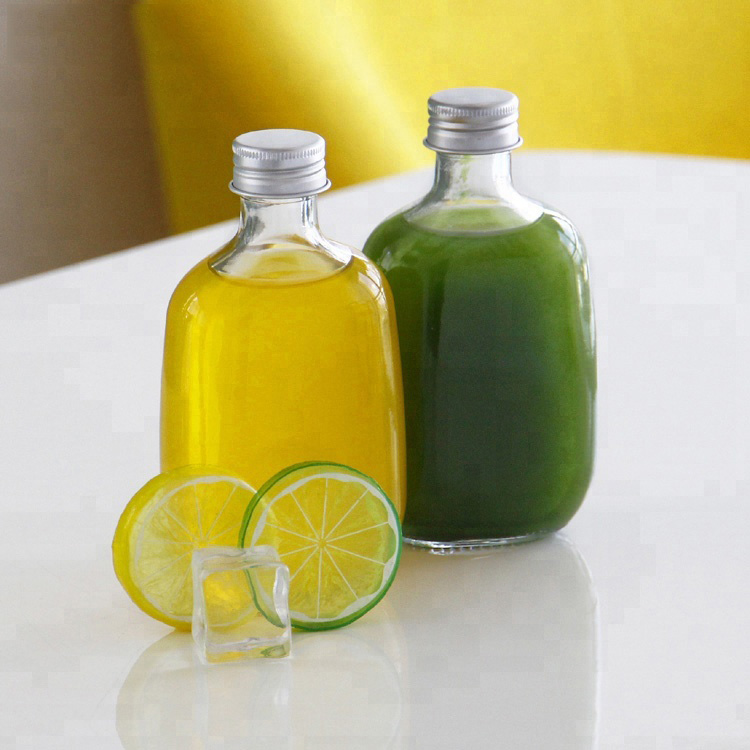 Custom Packing Juice Bottle Flat Shape 200mL Whiskey Vodka Liquor Glass Bottle with Screw Lid