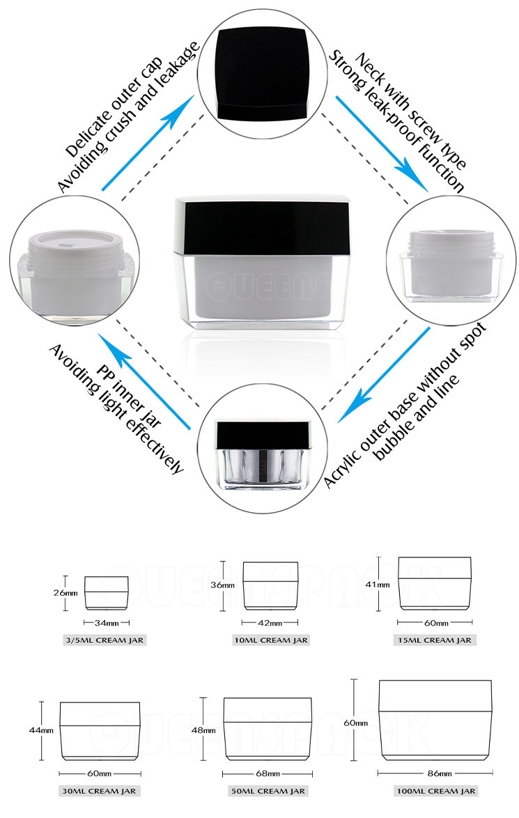 Custom Printing Brand Logo Cosmetic Jar 3ML/5ML 10ML 15ML 30ML 50ML 100ML Acrylic Cream Packaging Containers Jar