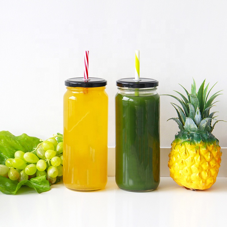 Custom Round Clear 16oz Straight Sided Round Boba Beverage Glass Jar With Lug Cap