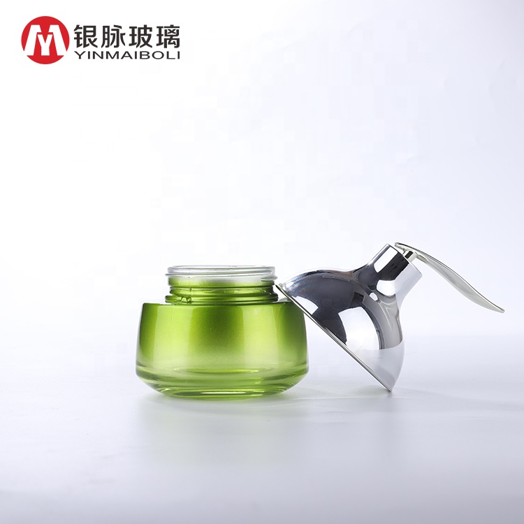 Custom Spraying Green Glass Lotion Bottles Glass Cream Jars Cosmetic packaging Container Set
