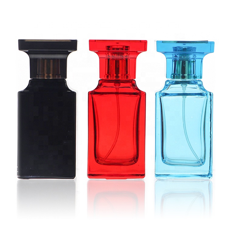 Custom  Square Black Blue Red Empty 55ml Men Cologne Fine Mist Spray Perfume Glass Bottles Black Cologne Bottle