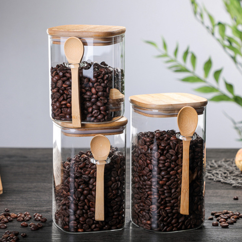 Custom Square Shape High Borosilicate Glass Food Canister Set with Bamboo Lid and Spoon