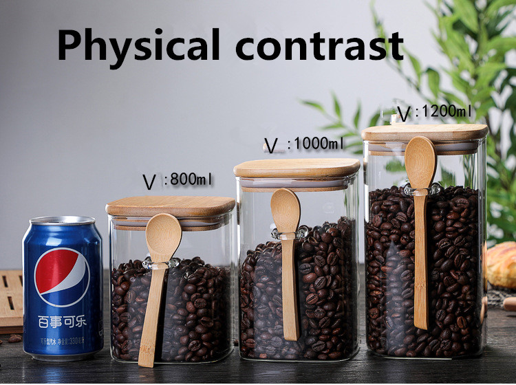 Custom Square Shape High Borosilicate Glass Food Canister Set with Bamboo Lid and Spoon