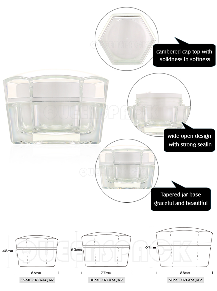 Custom Unique hexagon Luxury Acrylic Cream Jar 15ML 30ML 50ML Cosmetic Packaging Cream Jar