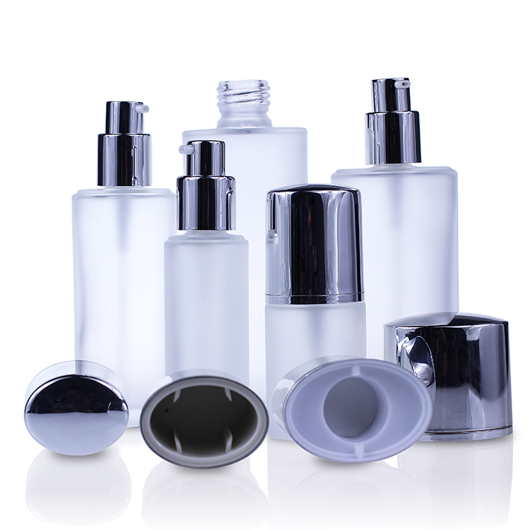 Custom White Frosted Glass Skin Care Packaging Empty Body Lotion Printed Pump Round Glass Lotion Bottle Set