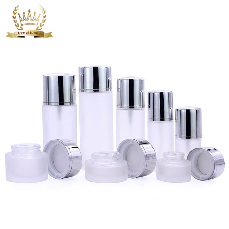 Custom White Frosted Glass Skin Care Packaging Empty Body Lotion Printed Pump Round Glass Lotion Bottle Set