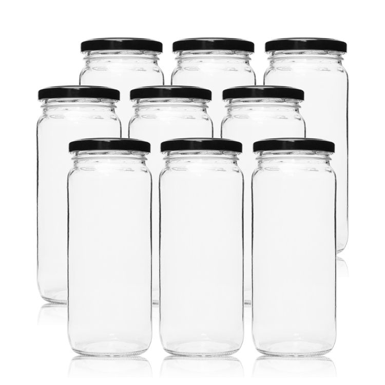Custom Wide Mouth Glass Milk Tea Kombucha Bottle 16oz 25oz Glass Jar with Black Lug Cap