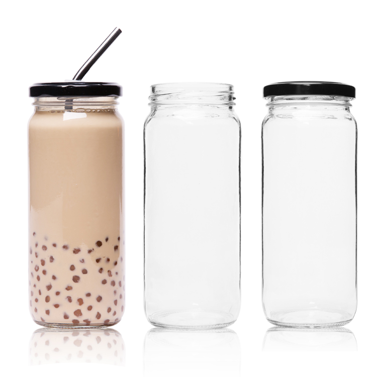 Custom Wide Mouth Glass Milk Tea Kombucha Bottle 16oz 25oz Glass Jar with Black Lug Cap