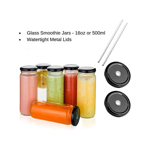 Custom Wide Mouth Glass Milk Tea Kombucha Bottle 16oz 25oz Glass Jar with Black Lug Cap